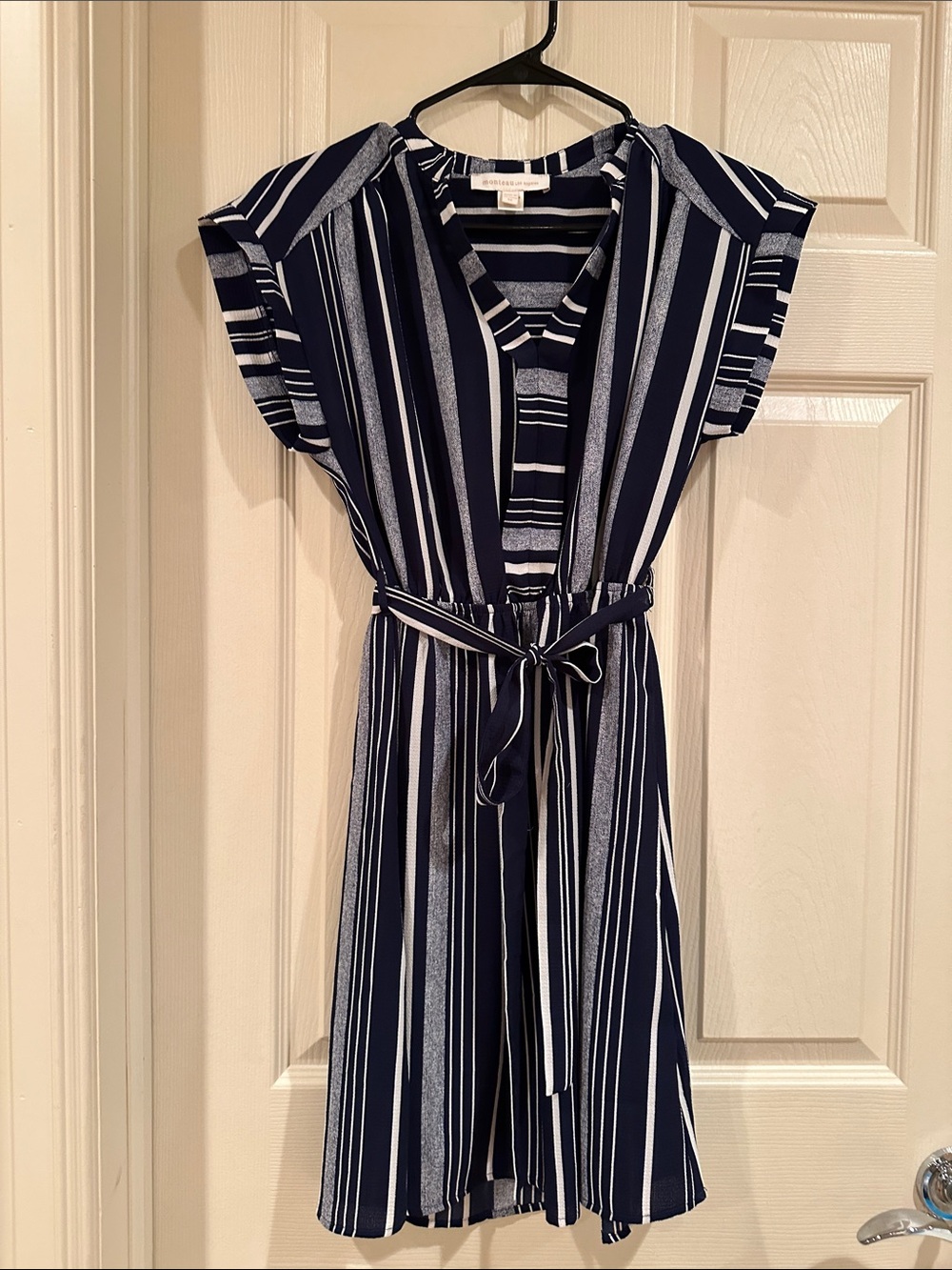 Monteau Navy and White Vertical Stripe Belted Dress